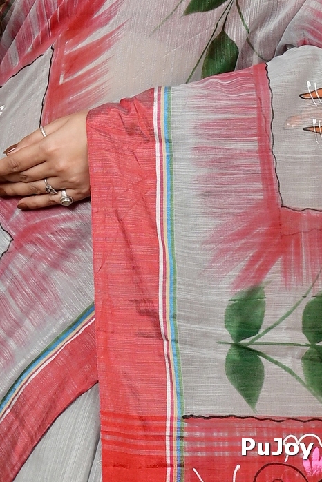 Grey Red Blended Cotton Albela Hand Painted Saree (9003)