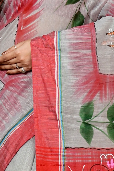 Grey Red Blended Cotton Albela Hand Painted Saree (9003)