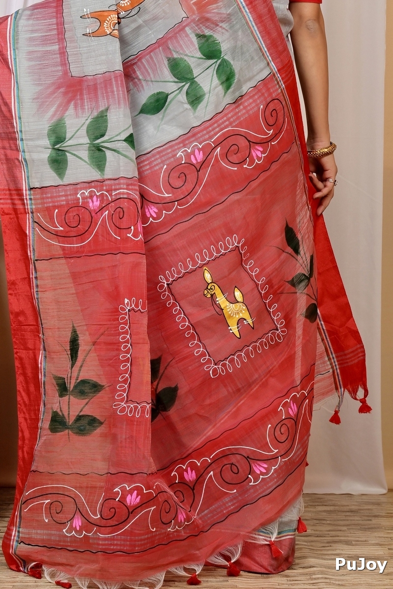 Grey Red Blended Cotton Albela Hand Painted Saree (9003)