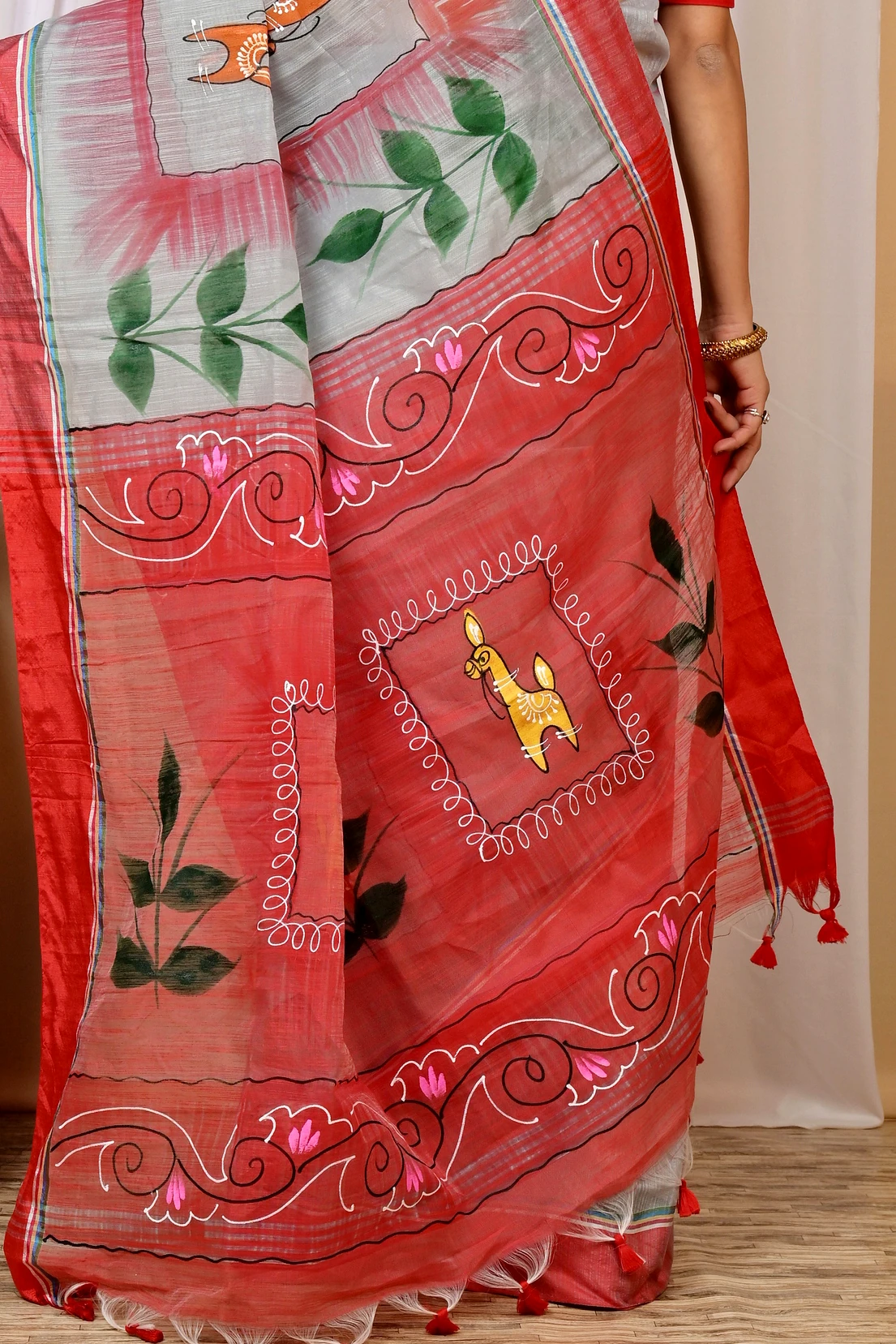 Grey Red Blended Cotton Albela Hand Painted Saree (9003)