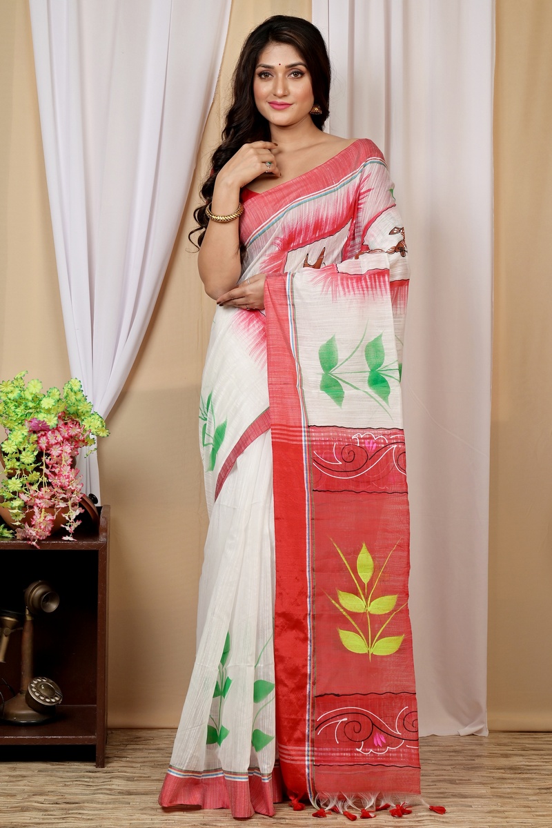 White Red Blended Cotton Albela Hand Painted Saree (9004)