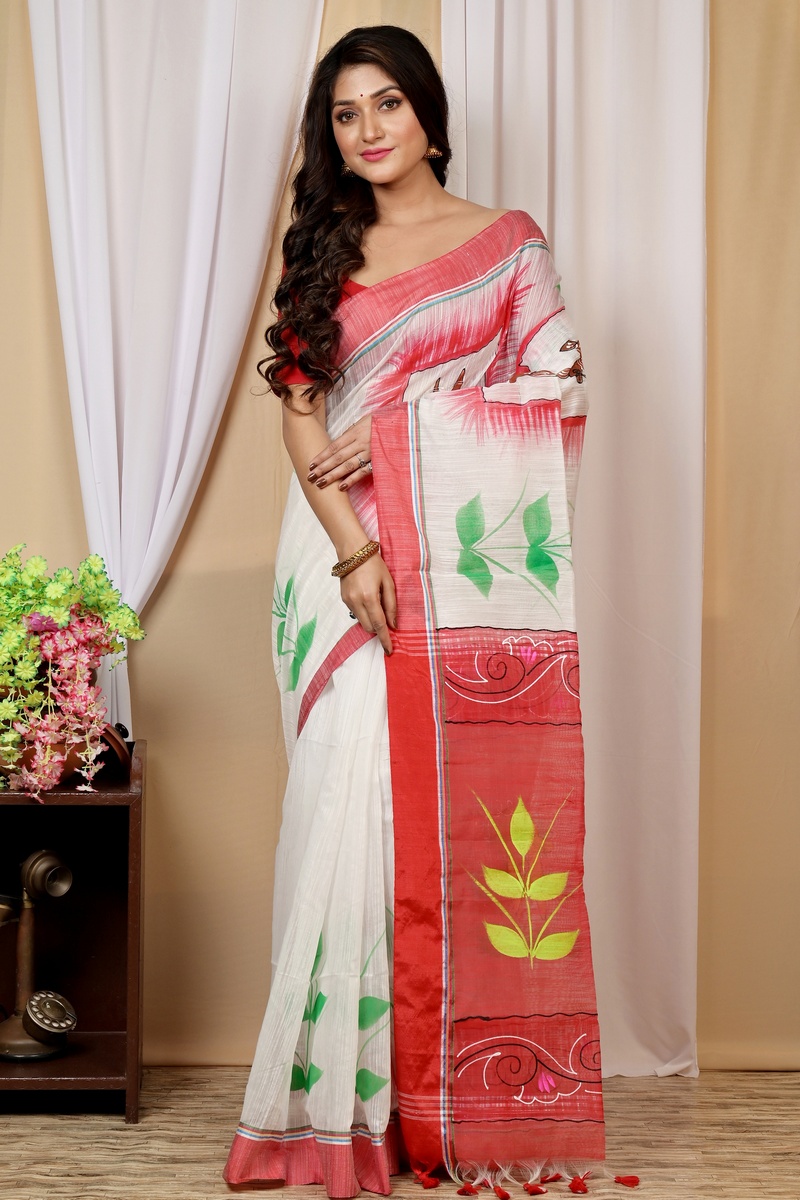 White Red Blended Cotton Albela Hand Painted Saree (9004)