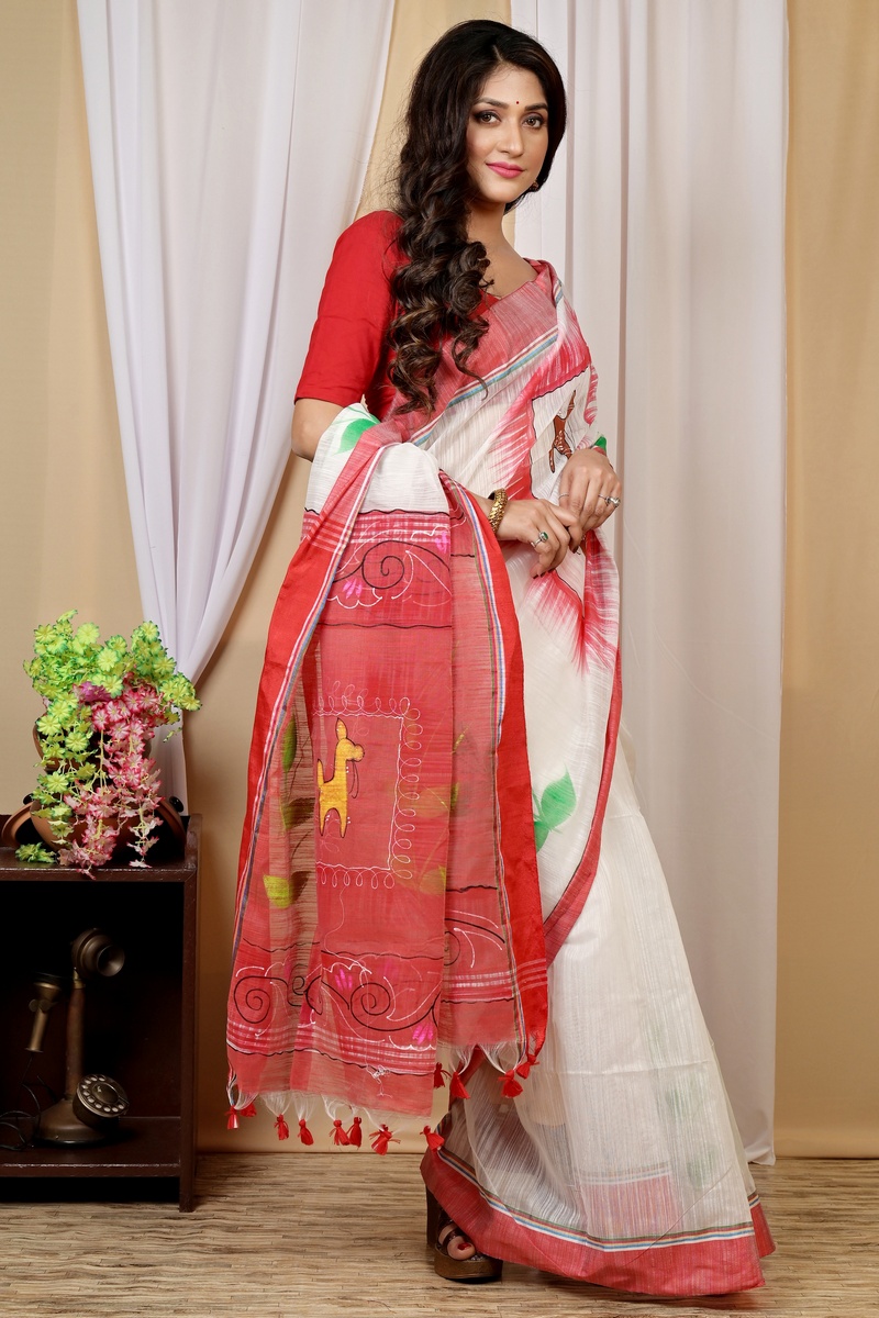 White Red Blended Cotton Albela Hand Painted Saree (9004)