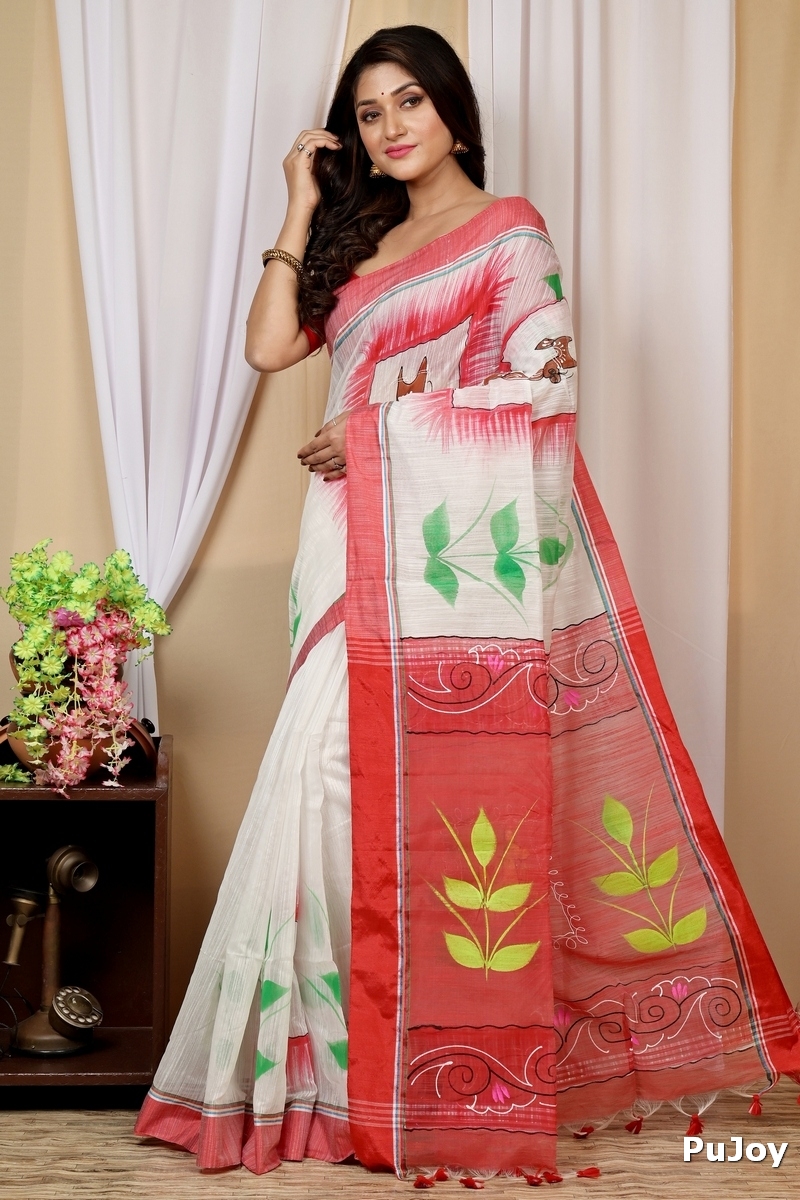 White Red Blended Cotton Albela Hand Painted Saree (9004)