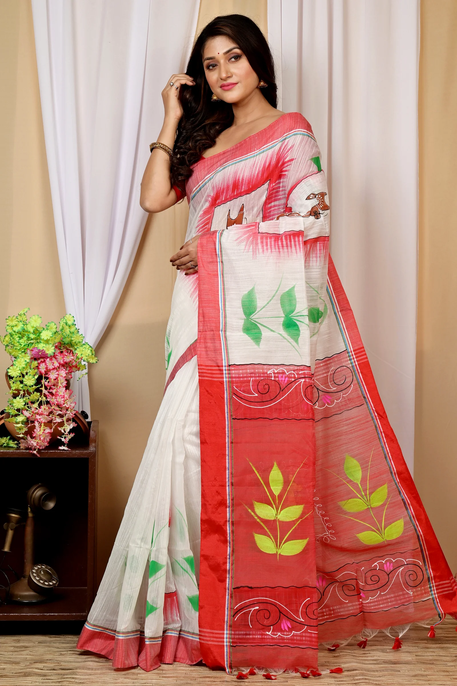 White Red Blended Cotton Albela Hand Painted Saree (9004)