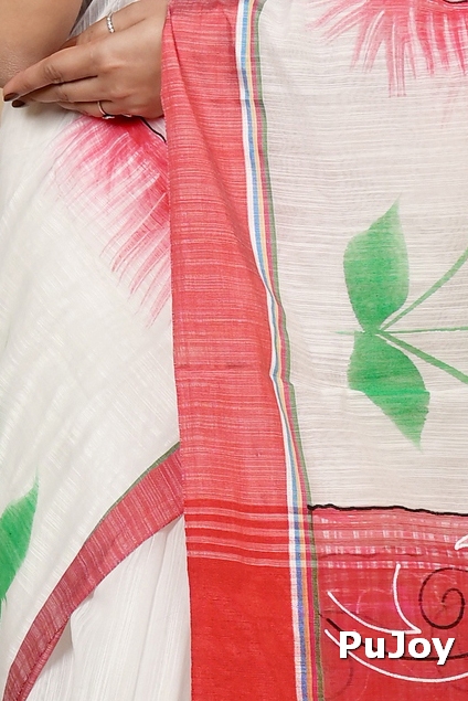 White Red Blended Cotton Albela Hand Painted Saree (9004)
