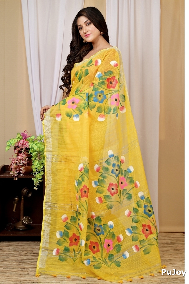 Yellow Blended Cotton Anito Hand Painted Saree (9005)