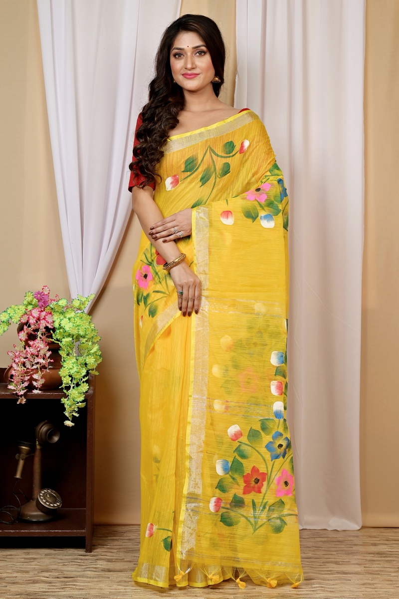 Yellow Blended Cotton Anito Hand Painted Saree (9005)