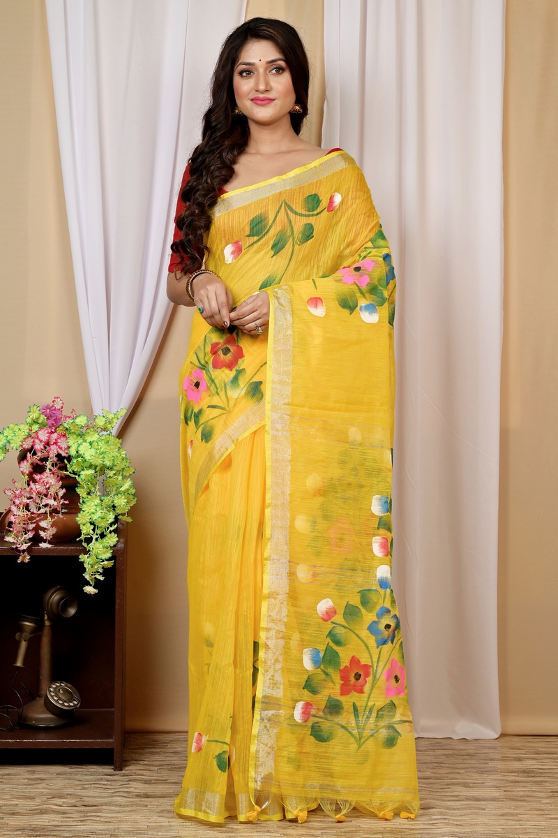 Yellow Blended Cotton Anito Hand Painted Saree (9005)