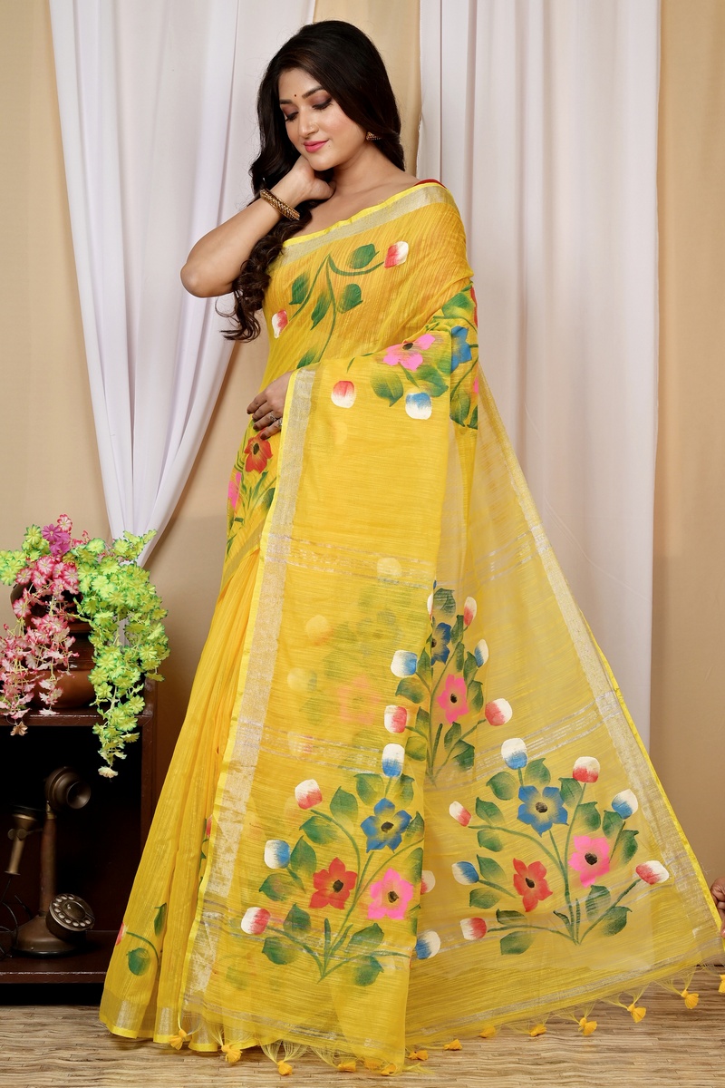 Yellow Blended Cotton Anito Hand Painted Saree (9005)