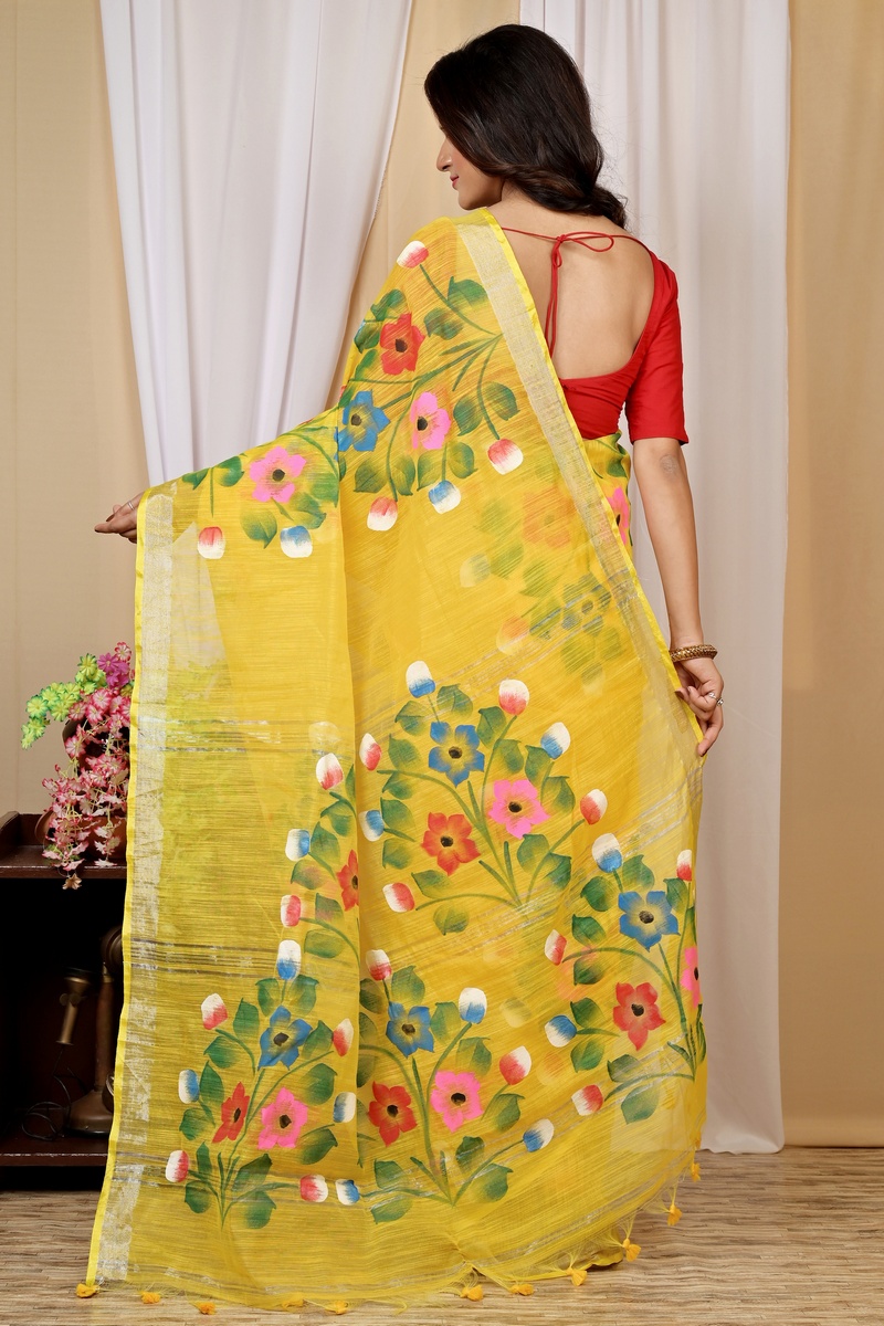 Yellow Blended Cotton Anito Hand Painted Saree (9005)