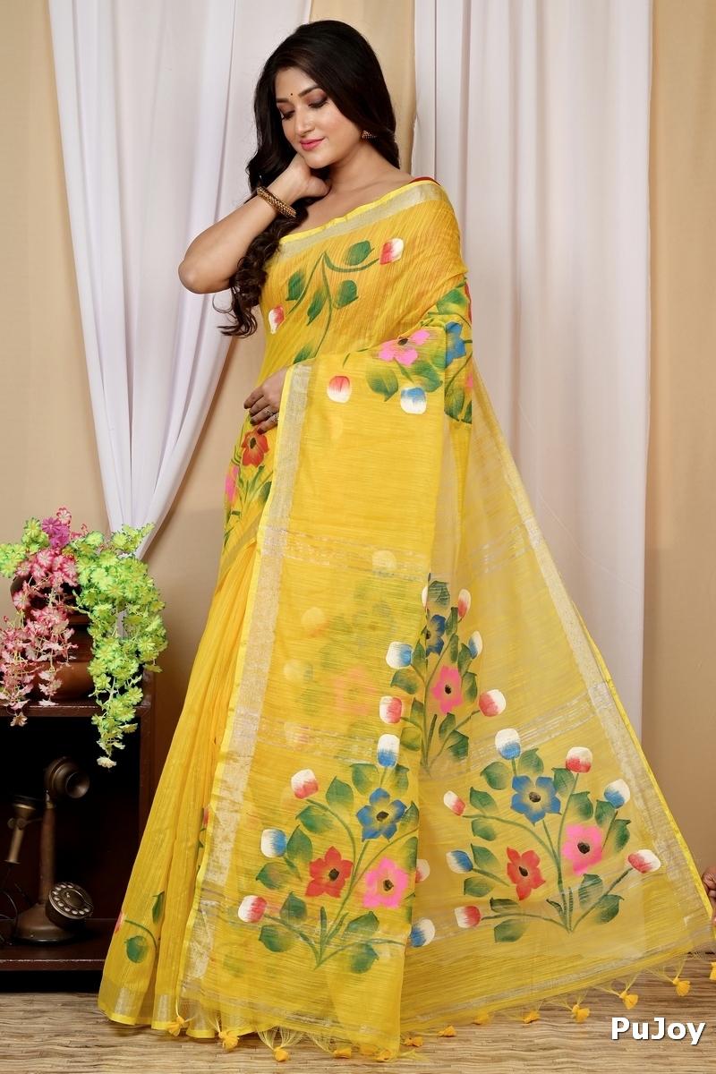 Yellow Blended Cotton Anito Hand Painted Saree (9005)