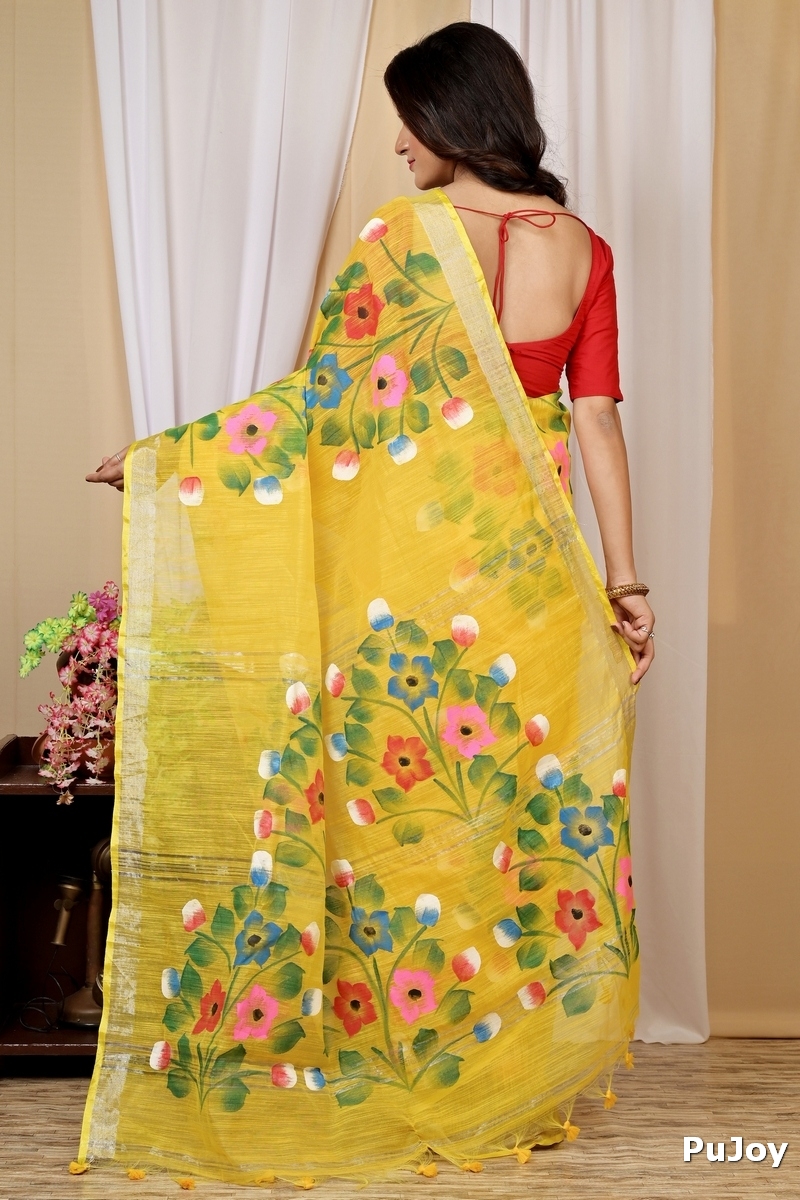 Yellow Blended Cotton Anito Hand Painted Saree (9005)