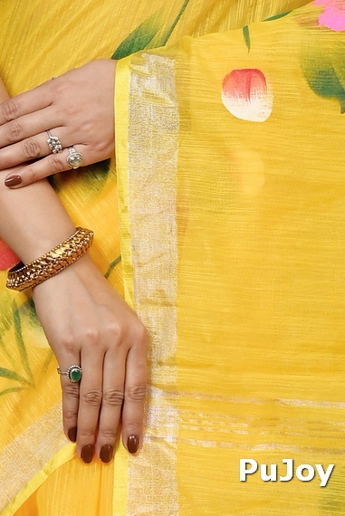Yellow Blended Cotton Anito Hand Painted Saree (9005)