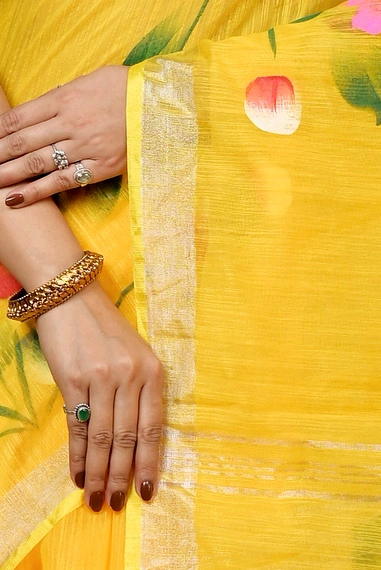 Yellow Blended Cotton Anito Hand Painted Saree (9005)