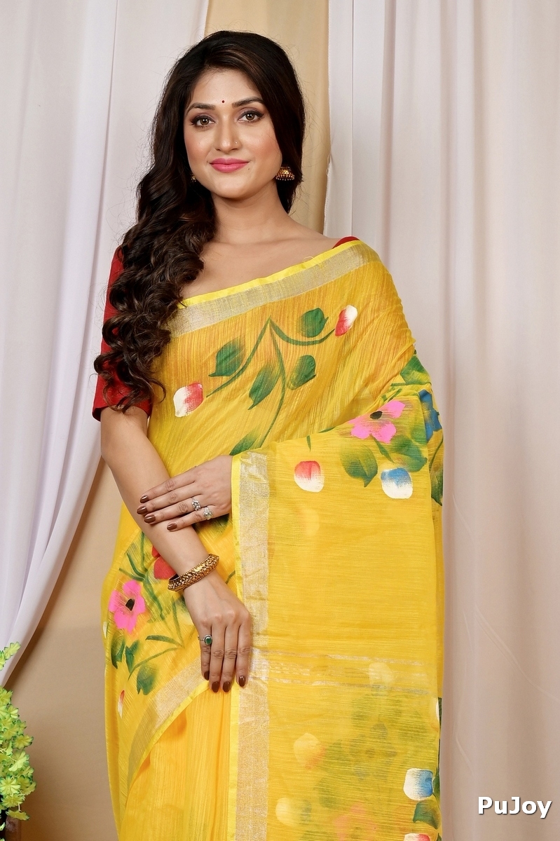 Yellow Blended Cotton Anito Hand Painted Saree (9005)