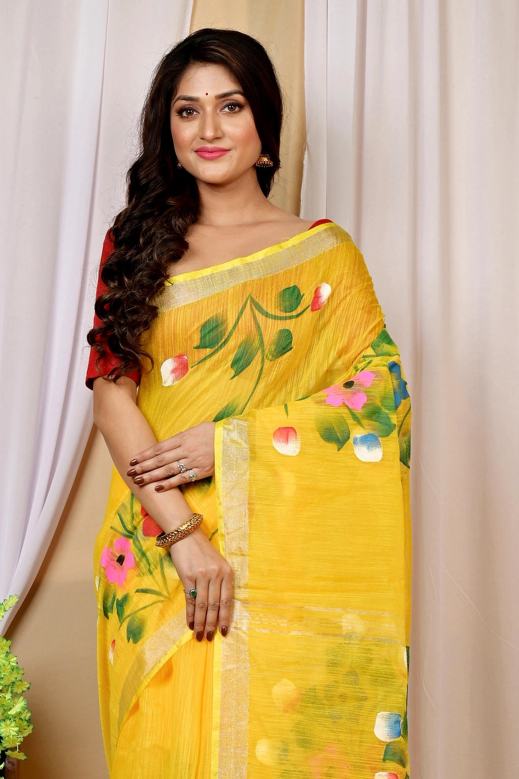 Yellow Blended Cotton Anito Hand Painted Saree (9005)