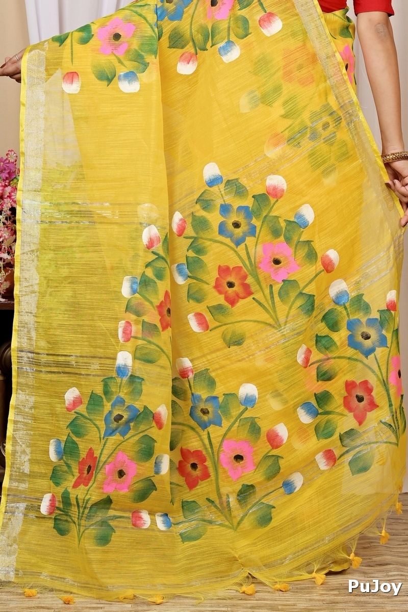 Yellow Blended Cotton Anito Hand Painted Saree (9005)