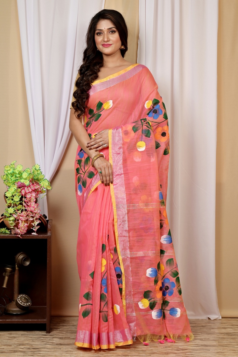 Peach Blended Cotton Anito Hand Painted Saree (9006)