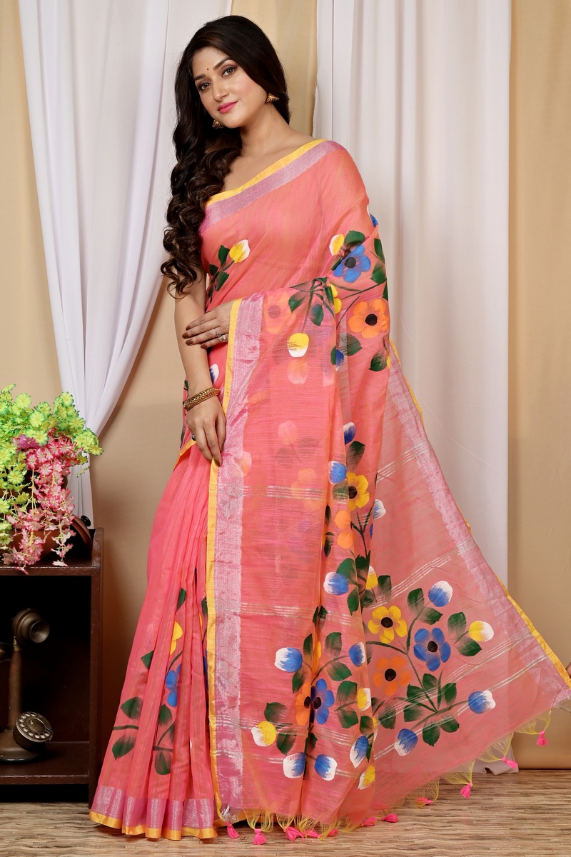 Peach Blended Cotton Anito Hand Painted Saree (9006)