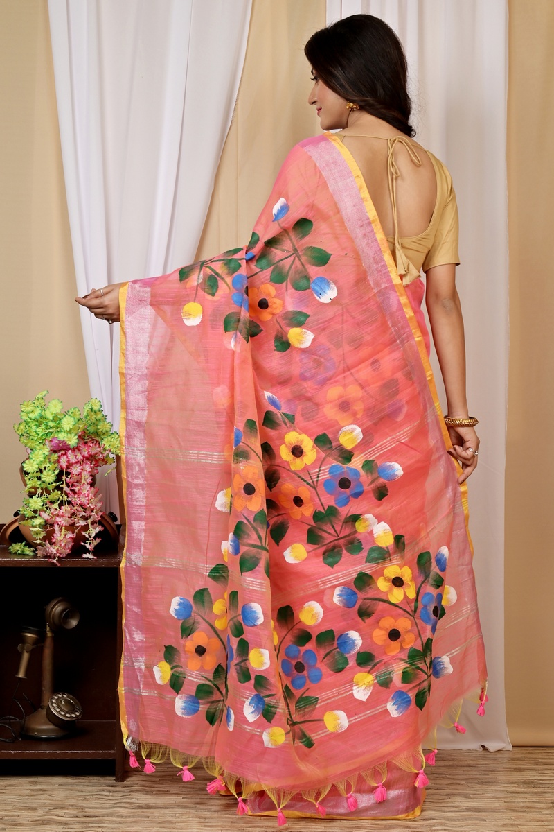 Peach Blended Cotton Anito Hand Painted Saree (9006)