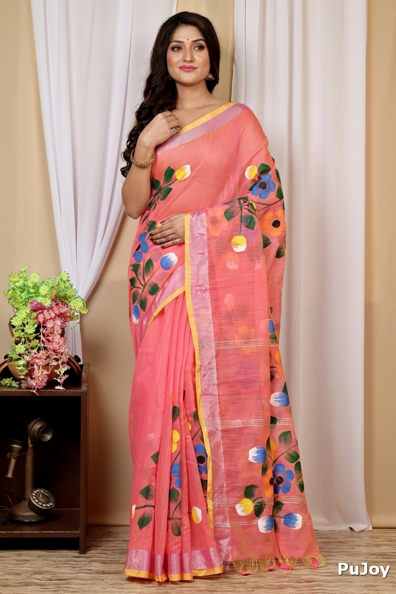 Peach Blended Cotton Anito Hand Painted Saree (9006)