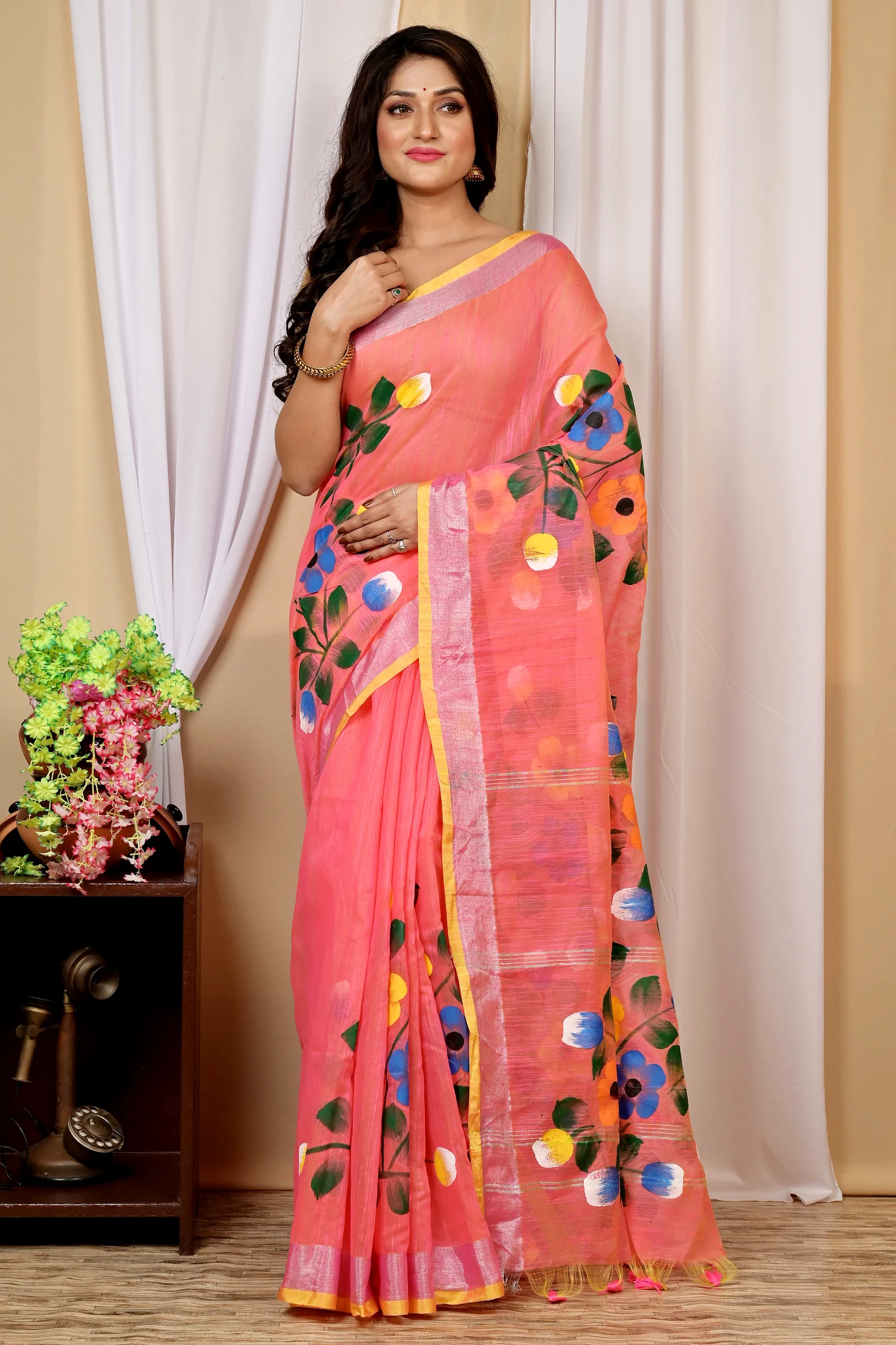 Peach Blended Cotton Anito Hand Painted Saree (9006)
