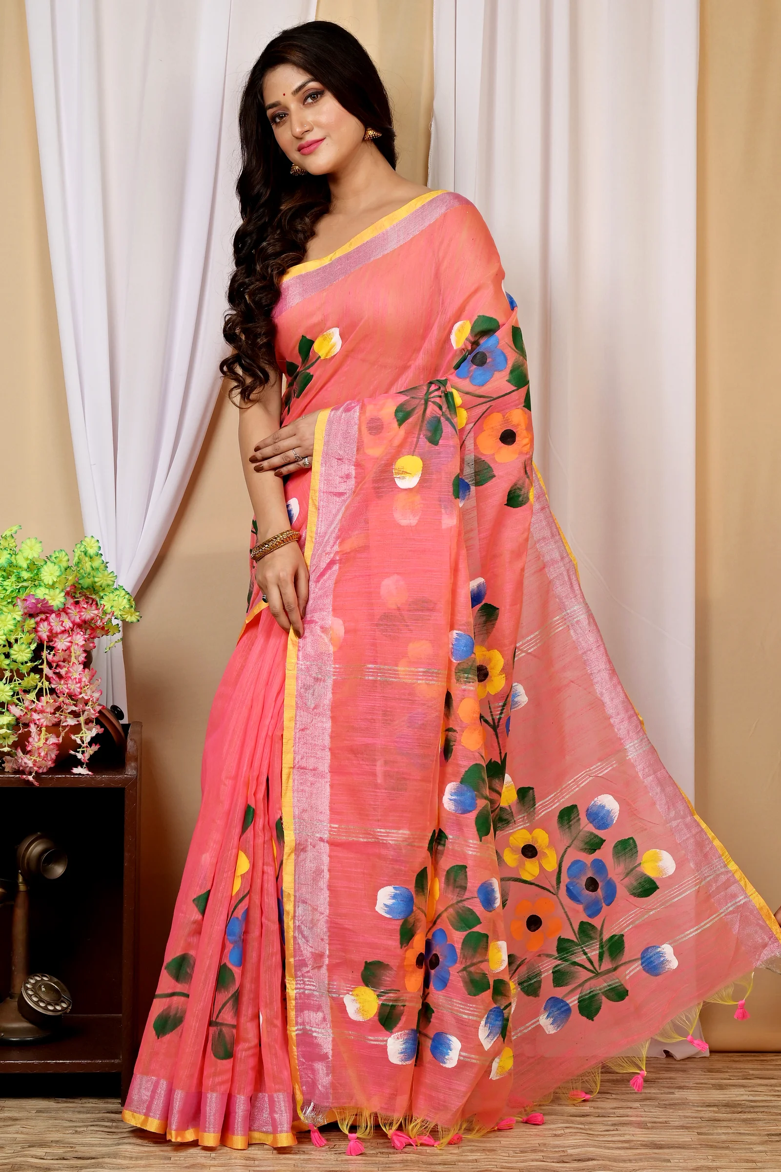 Peach Blended Cotton Anito Hand Painted Saree (9006)