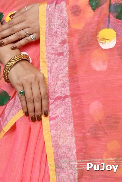 Peach Blended Cotton Anito Hand Painted Saree (9006)