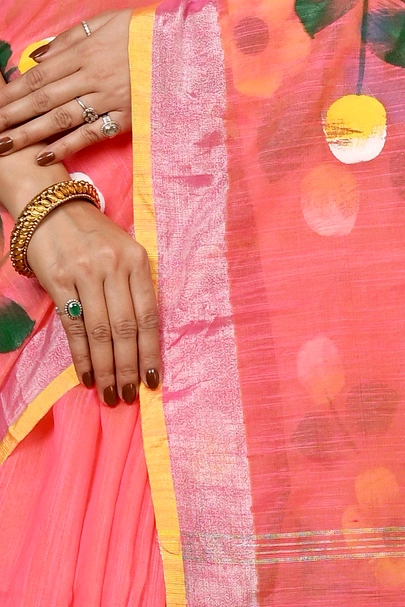 Peach Blended Cotton Anito Hand Painted Saree (9006)