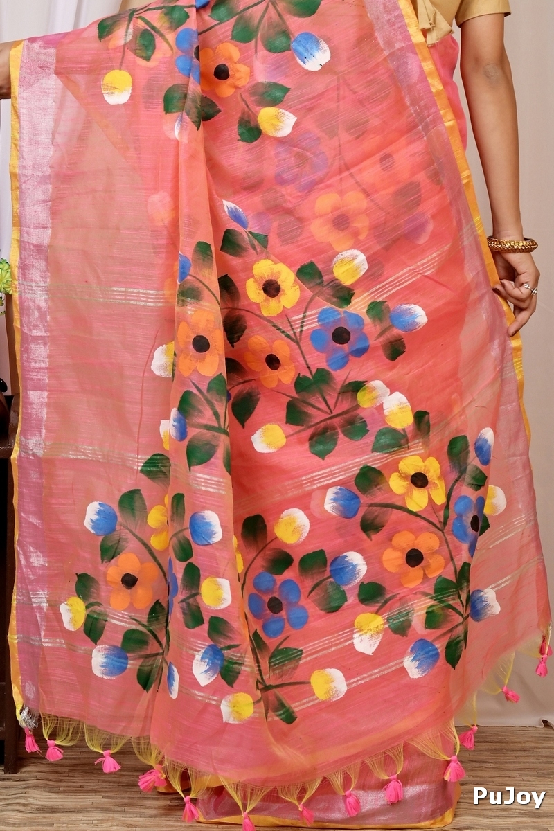 Peach Blended Cotton Anito Hand Painted Saree (9006)