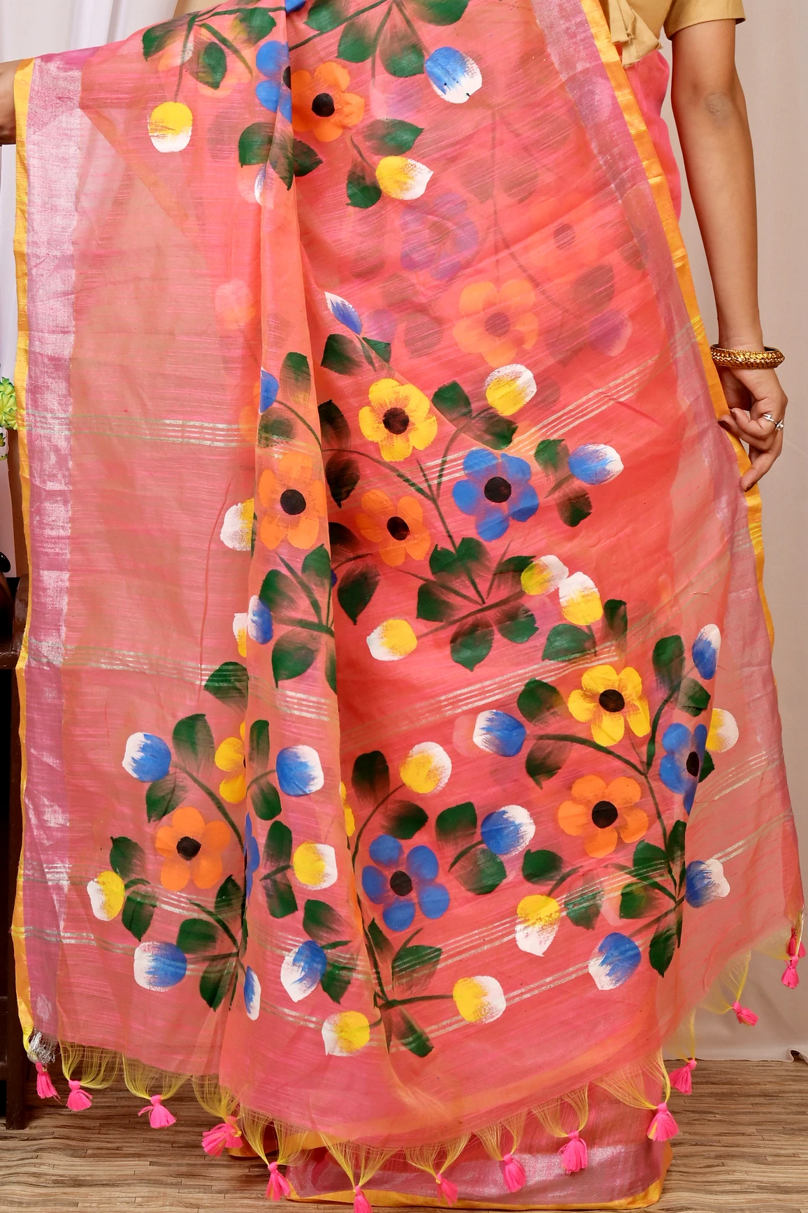 Peach Blended Cotton Anito Hand Painted Saree (9006)