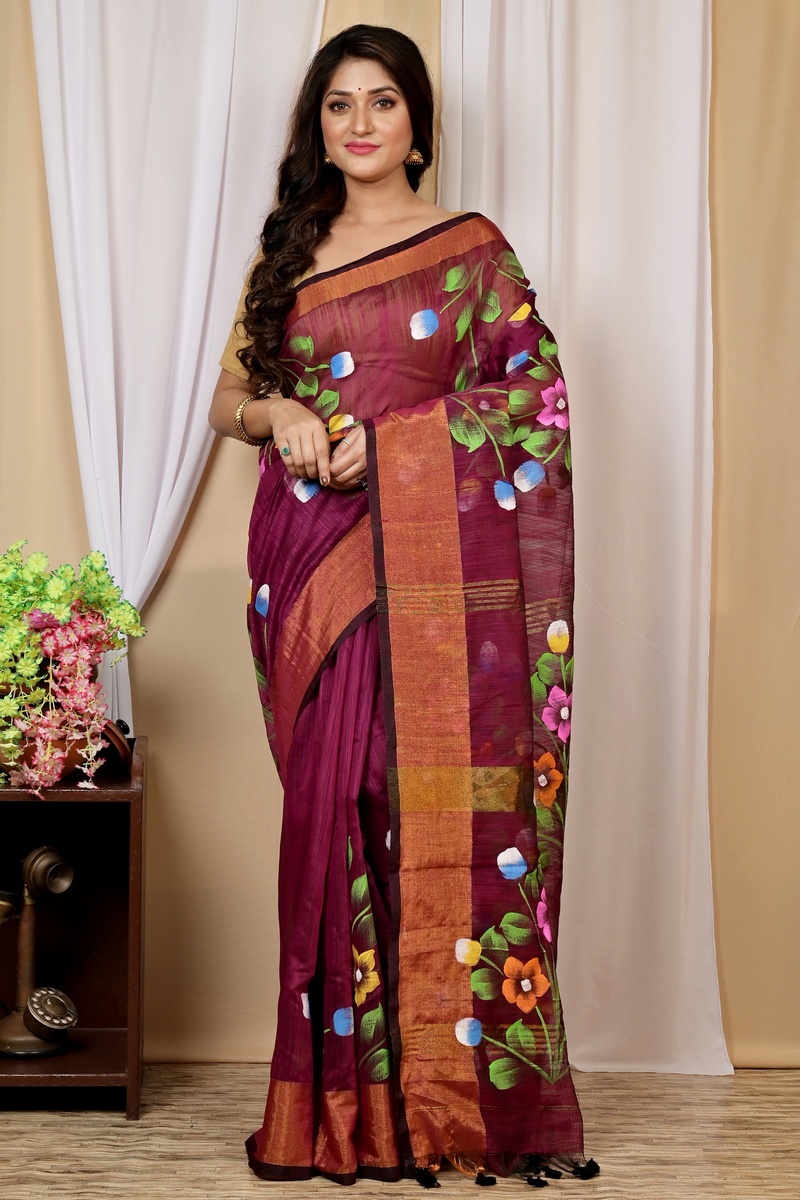 Maroon Blended Cotton Anito Hand Painted Saree (9007)