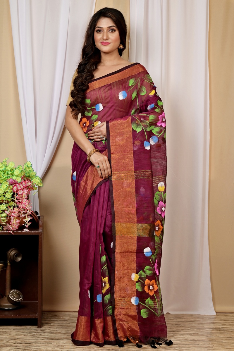 Maroon Blended Cotton Anito Hand Painted Saree (9007)
