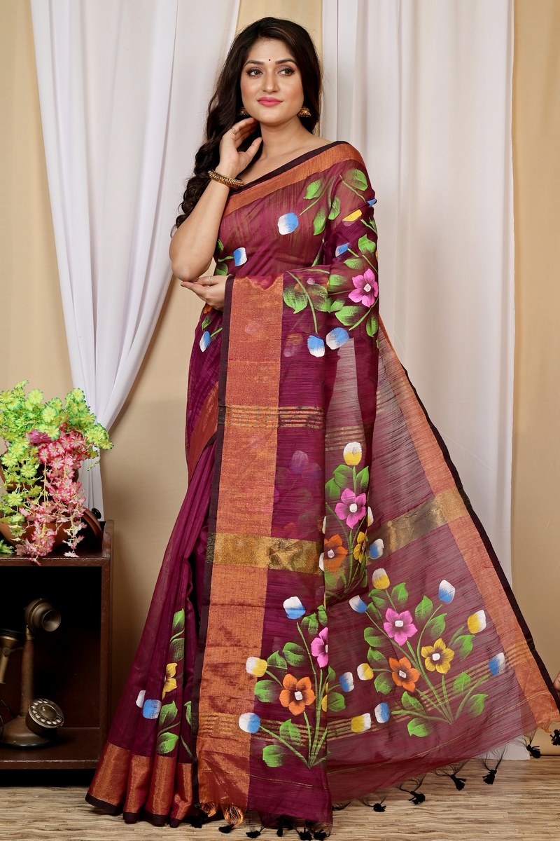 Maroon Blended Cotton Anito Hand Painted Saree (9007)