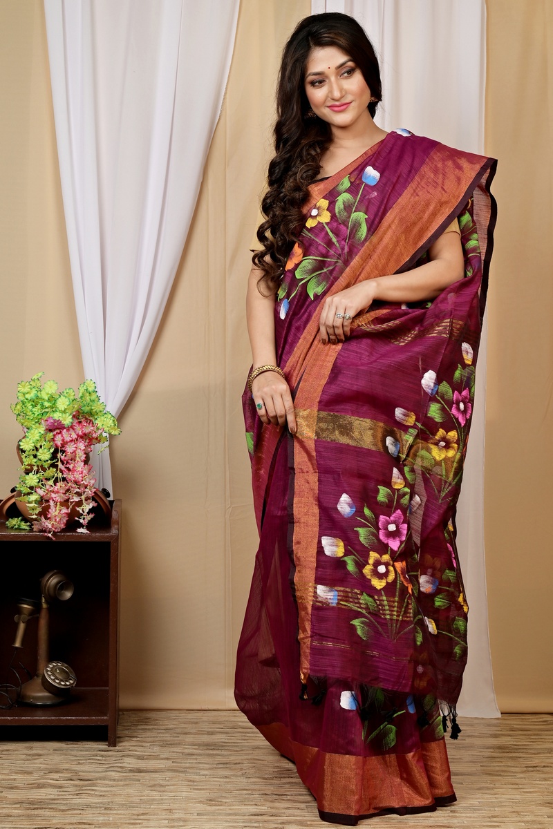 Maroon Blended Cotton Anito Hand Painted Saree (9007)