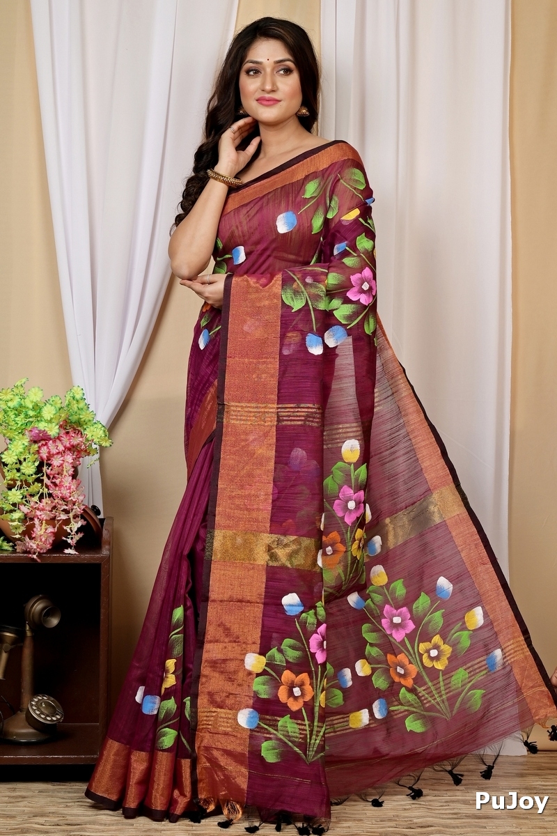 Maroon Blended Cotton Anito Hand Painted Saree (9007)