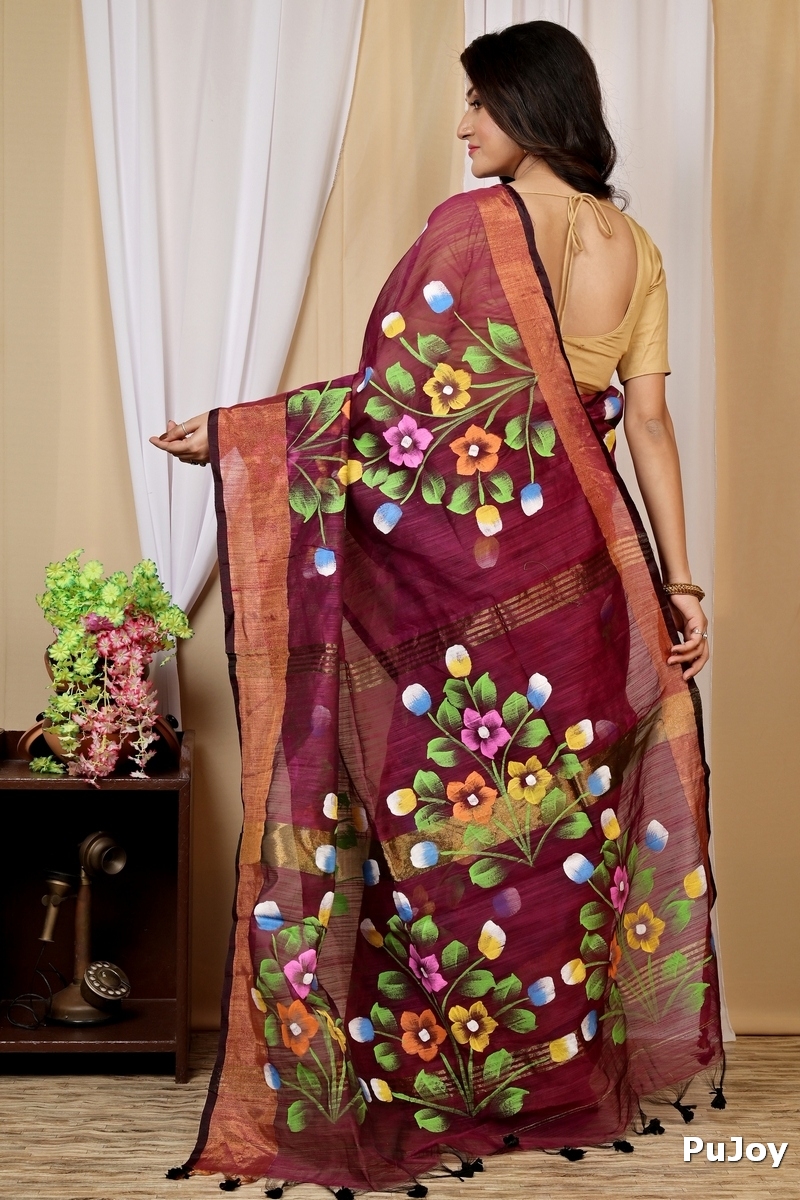 Maroon Blended Cotton Anito Hand Painted Saree (9007)