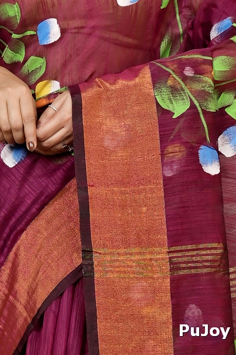 Maroon Blended Cotton Anito Hand Painted Saree (9007)