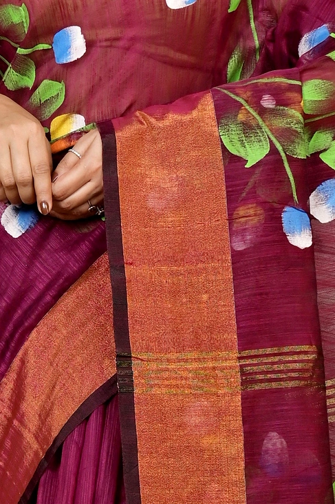 Maroon Blended Cotton Anito Hand Painted Saree (9007)