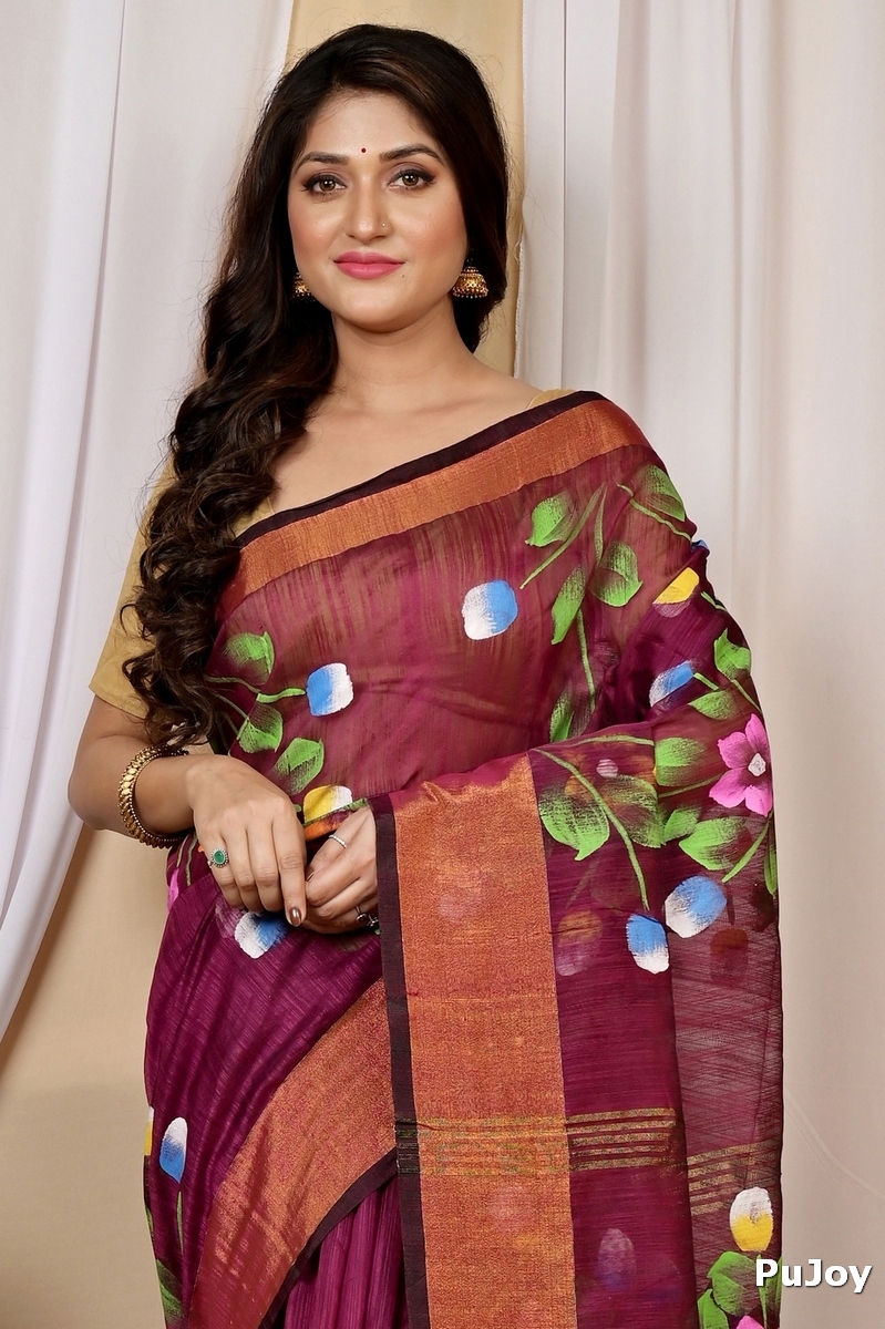 Maroon Blended Cotton Anito Hand Painted Saree (9007)