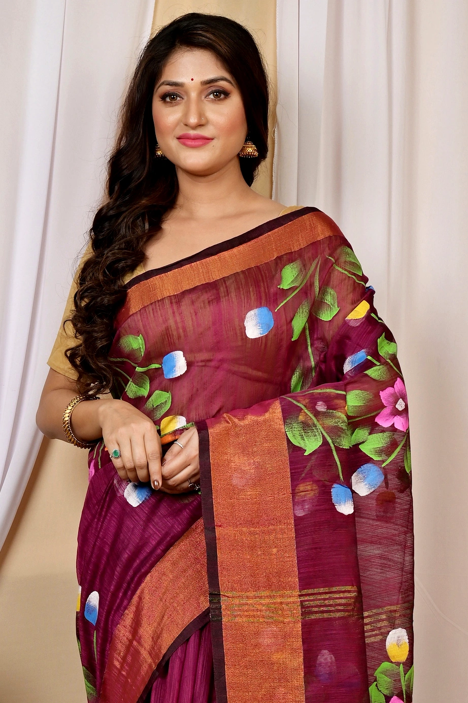 Maroon Blended Cotton Anito Hand Painted Saree (9007)