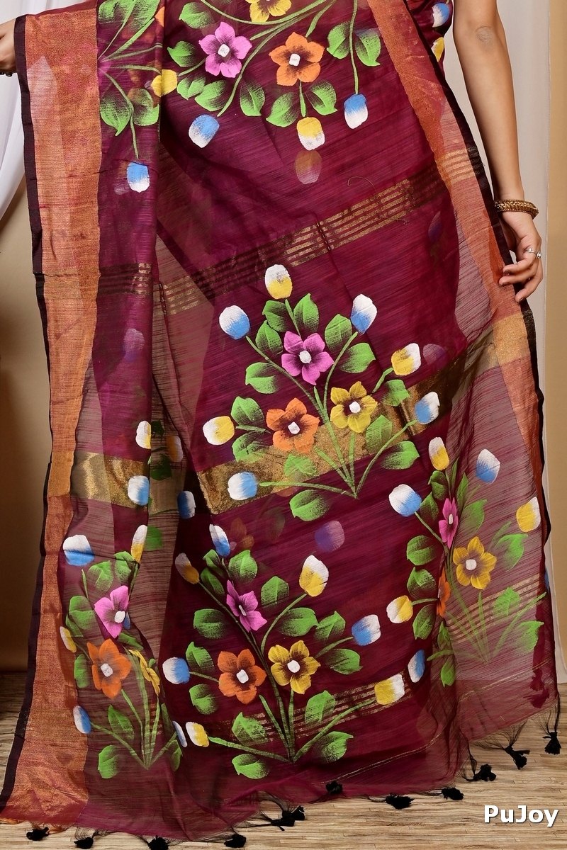 Maroon Blended Cotton Anito Hand Painted Saree (9007)