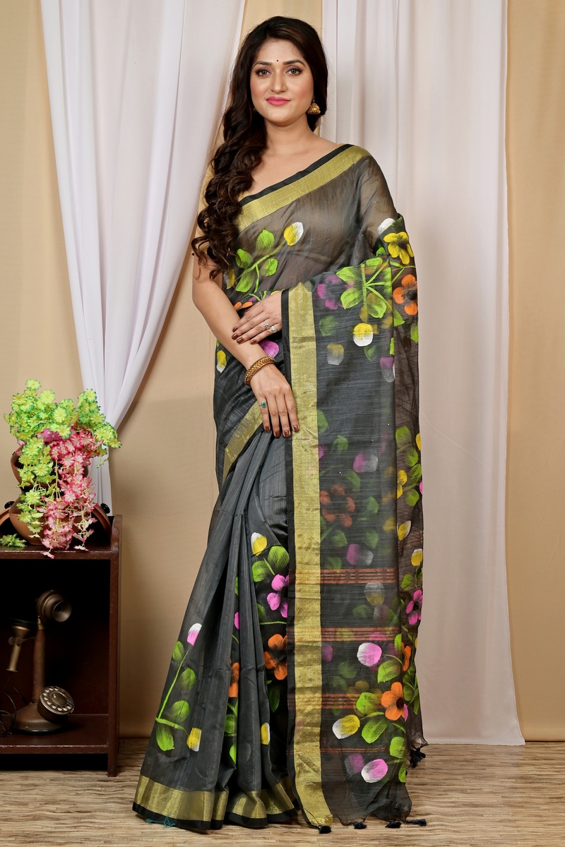 Dark Green Blended Cotton Anito Hand Painted Saree (9008)
