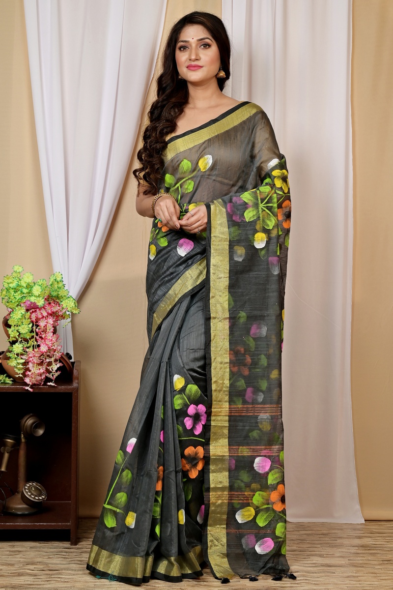Dark Green Blended Cotton Anito Hand Painted Saree (9008)