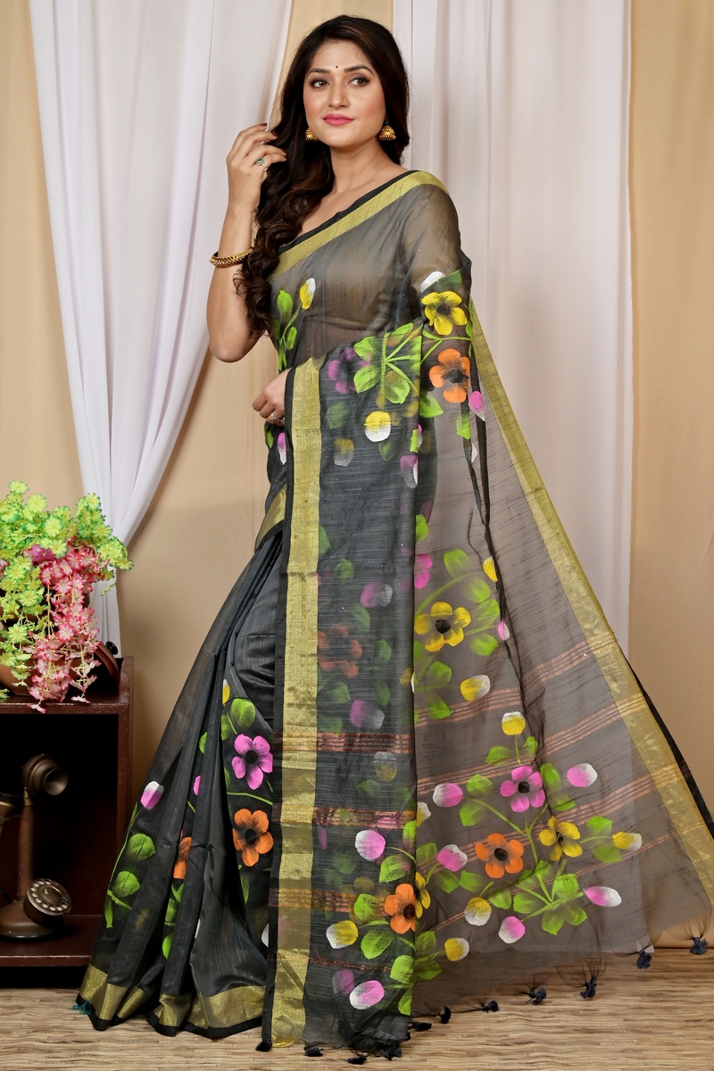 Dark Green Blended Cotton Anito Hand Painted Saree (9008)