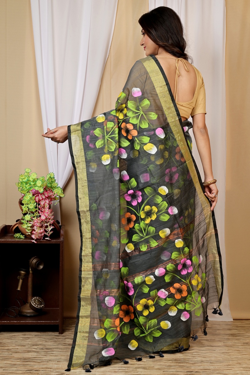 Dark Green Blended Cotton Anito Hand Painted Saree (9008)