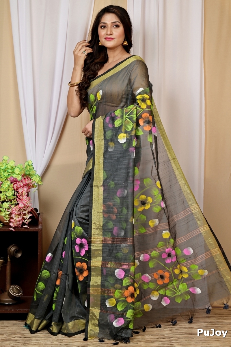 Dark Green Blended Cotton Anito Hand Painted Saree (9008)
