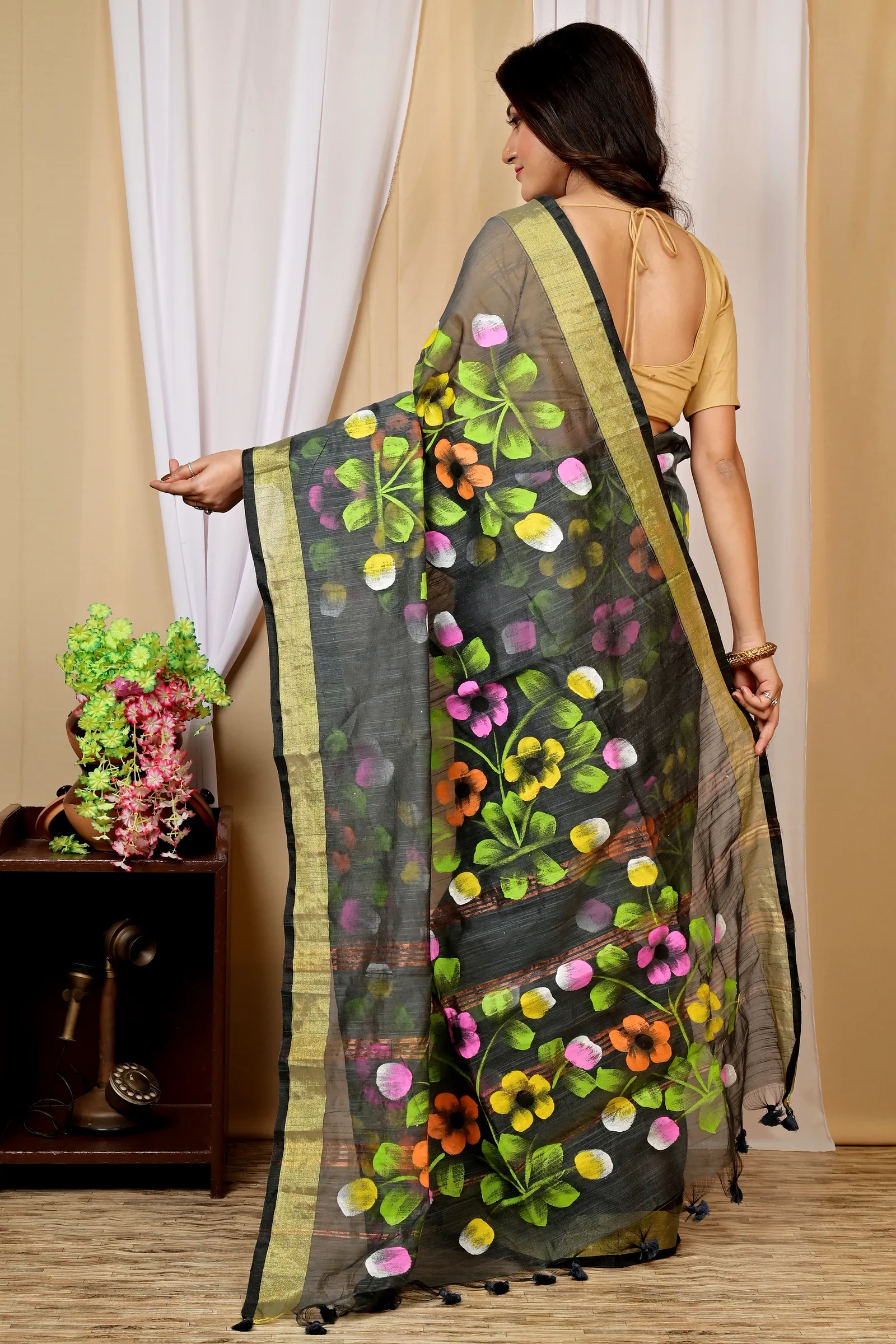 Dark Green Blended Cotton Anito Hand Painted Saree (9008)
