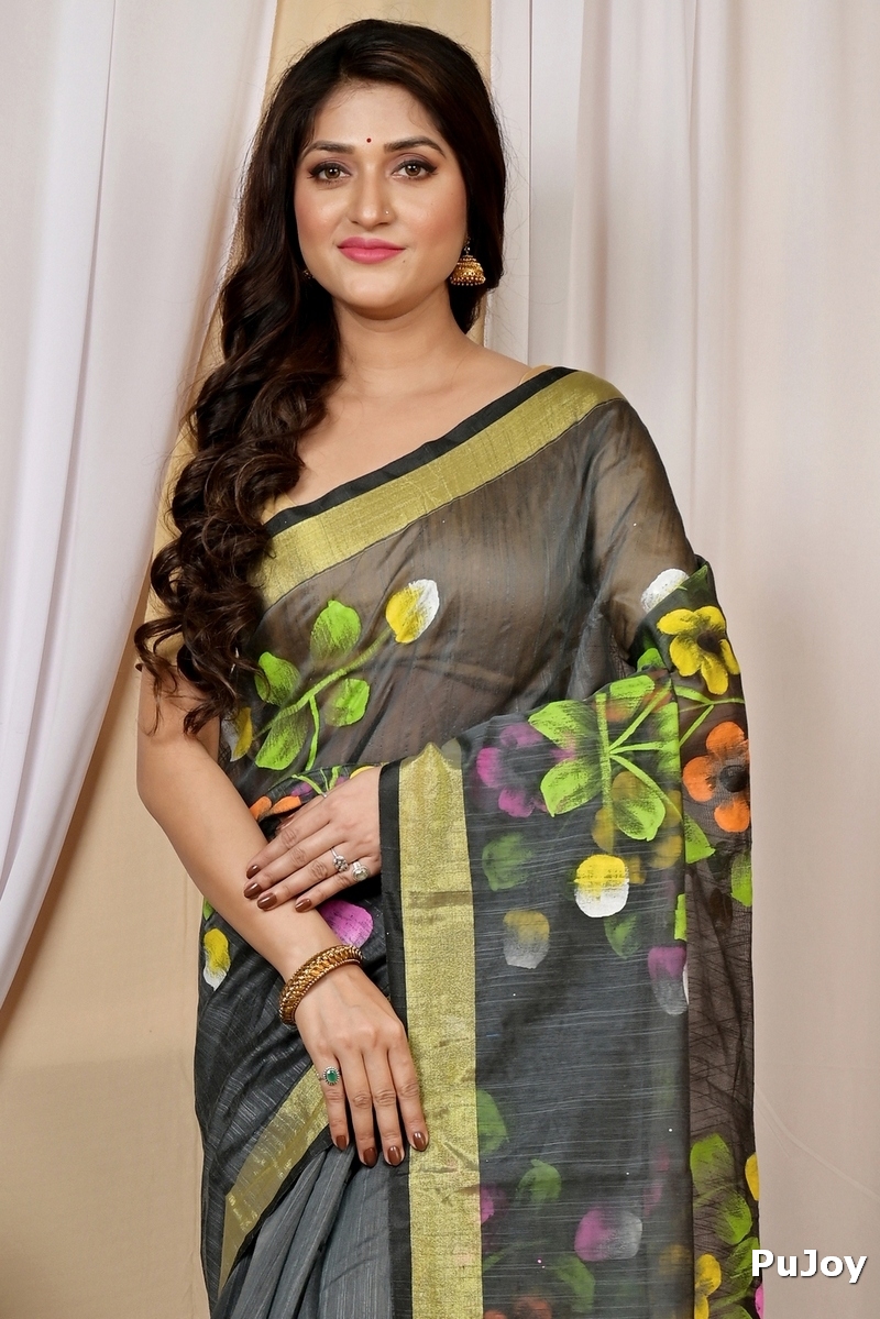 Dark Green Blended Cotton Anito Hand Painted Saree (9008)